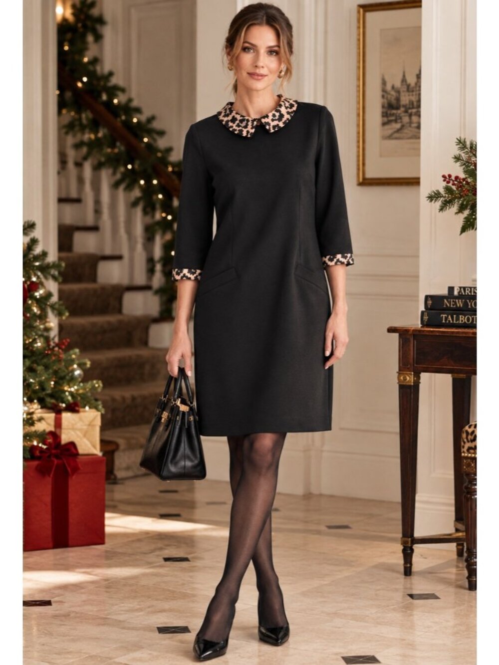 Talbots Black Leopard Print Peter Pan Collar Shift Dress Size 6 Ponte Knit